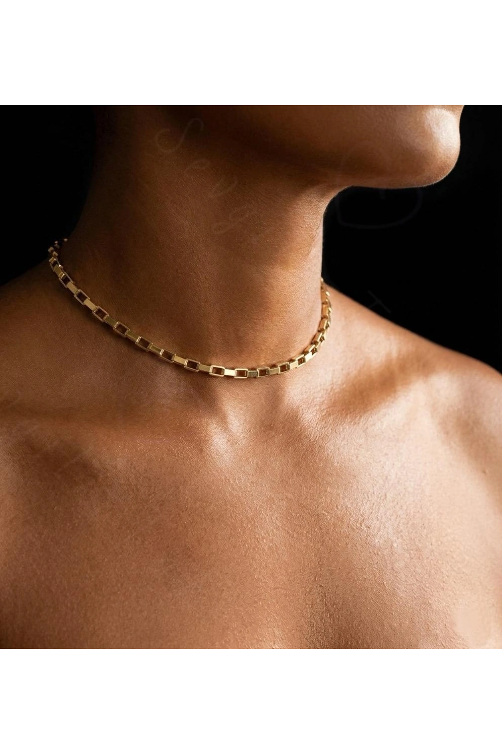Dikdörtgen Zincirli Gold Choker Çelik Kolye | Choker Serisi