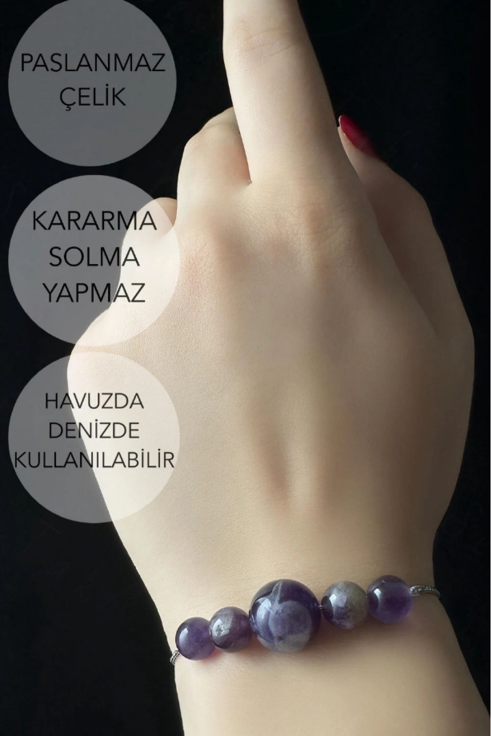 Ametist Doğal Taşlı Ayarlanabilir Çelik Bileklik -Karma Serisi