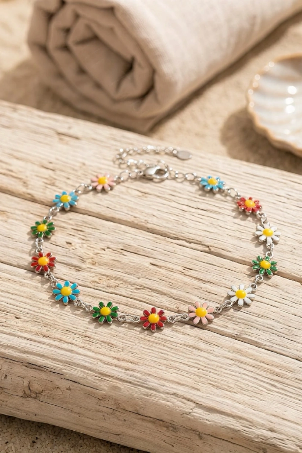 Kadın Çiçekli Papatya Çelik Halhal | Boho Tarz Renkli Halhal | Flora Touch Serisi