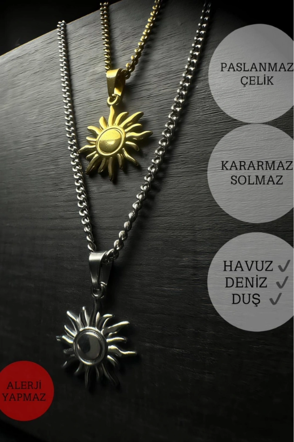 Güneş Charmlı Düz Model Çelik Zincir Çift Kolyesi | Eclipse Serisi