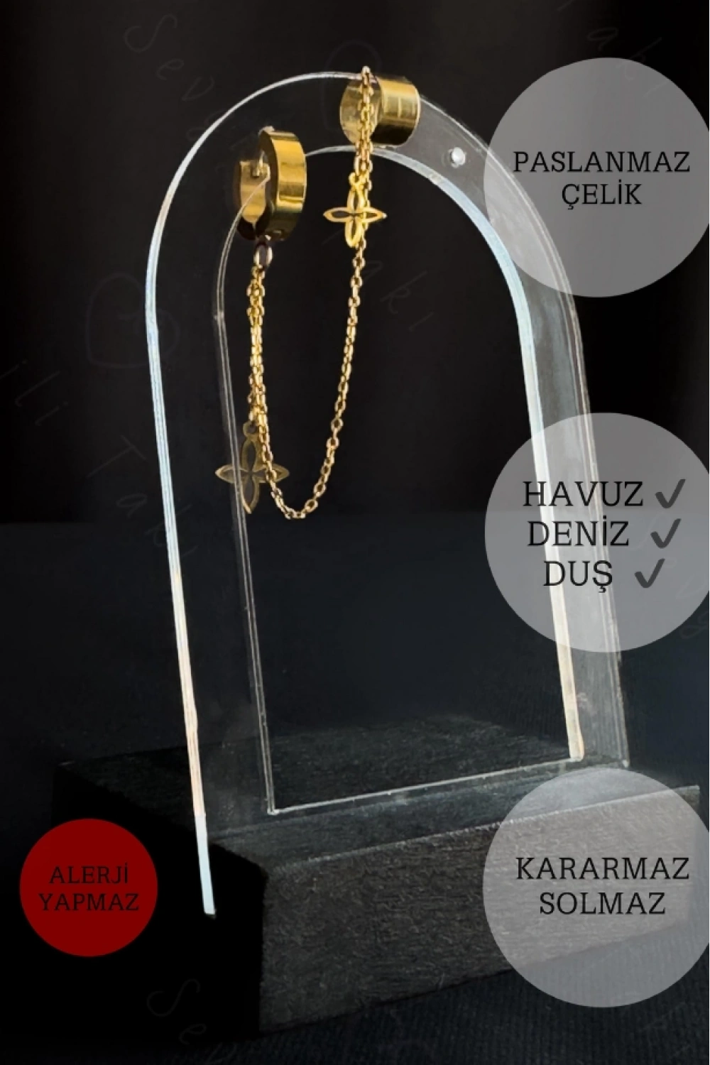 Lotus Detaylı Tragus / Kıkırdak Bağlantılı Gold Çelik Küpe | Şans Serisi (Bir Adet)