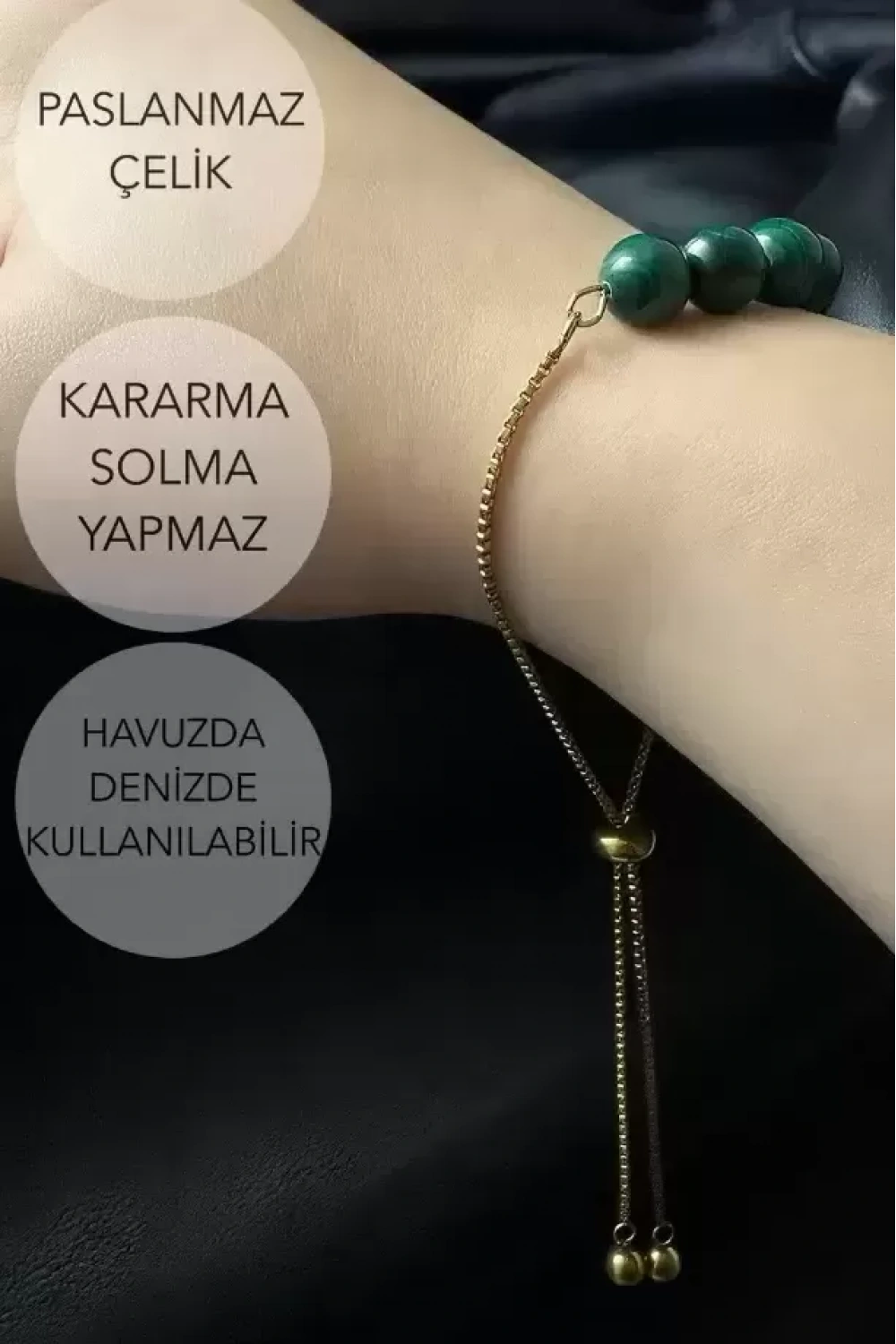 Malahit Doğal Taşlı Ayarlanabilir Çelik Bileklik -Miracle Serisi