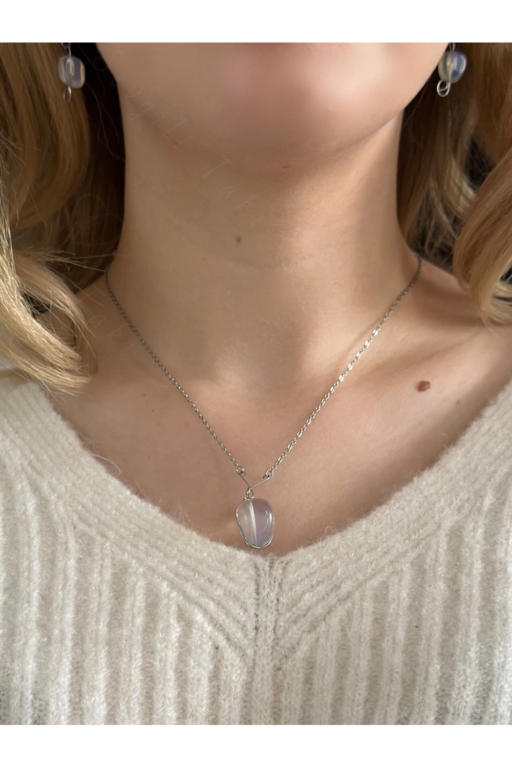 Opal Doğal Taşlı Çelik Kolye | Spiritüel Serisi