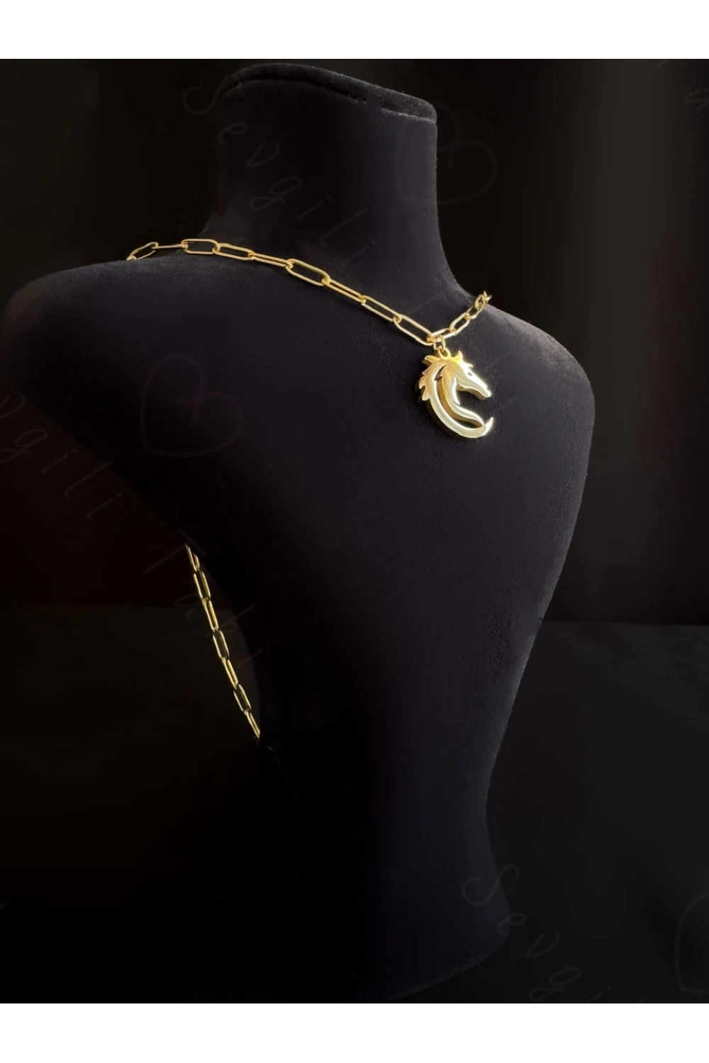 Paperclip(Ataş) Model Zincir At Charmlı Gold Çelik Kolye | Ata Serisi