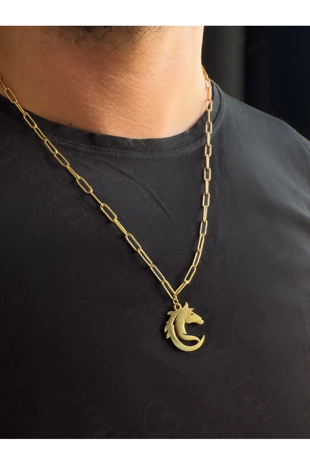 Paperclip(Ataş) Model Zincir At Charmlı Gold Çelik Kolye | Ata Serisi