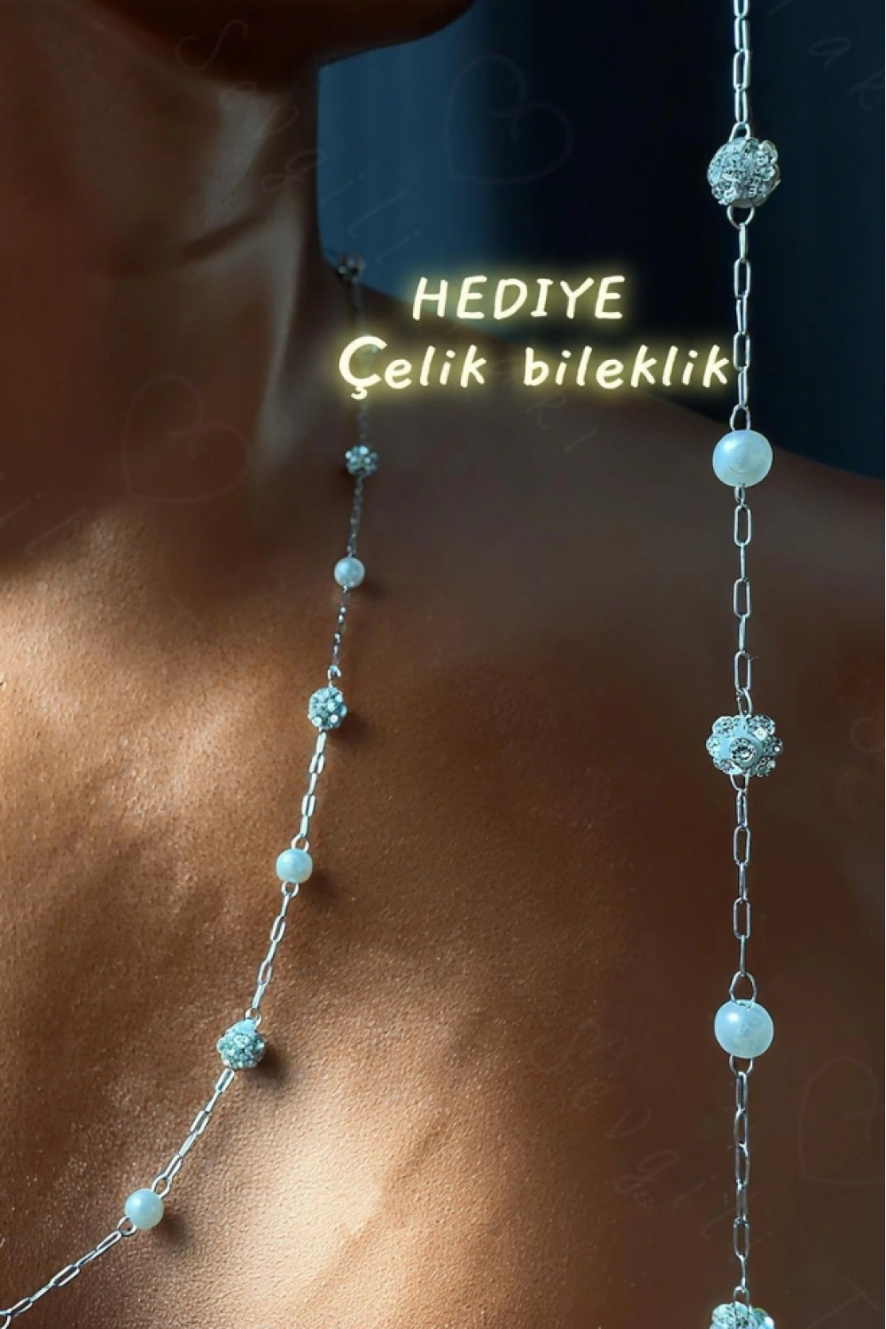 Parlak Taşlı Tasarım Silver Çelik Zincir Kolye (Bileklik Hediyeli) | Glorious Serisi