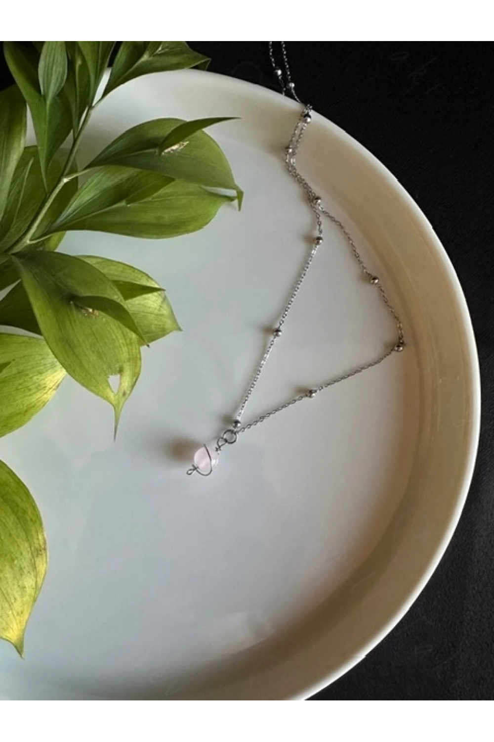Pembe Kuvars Doğal Taşlı Çelik Kolye -Gezegen Serisi