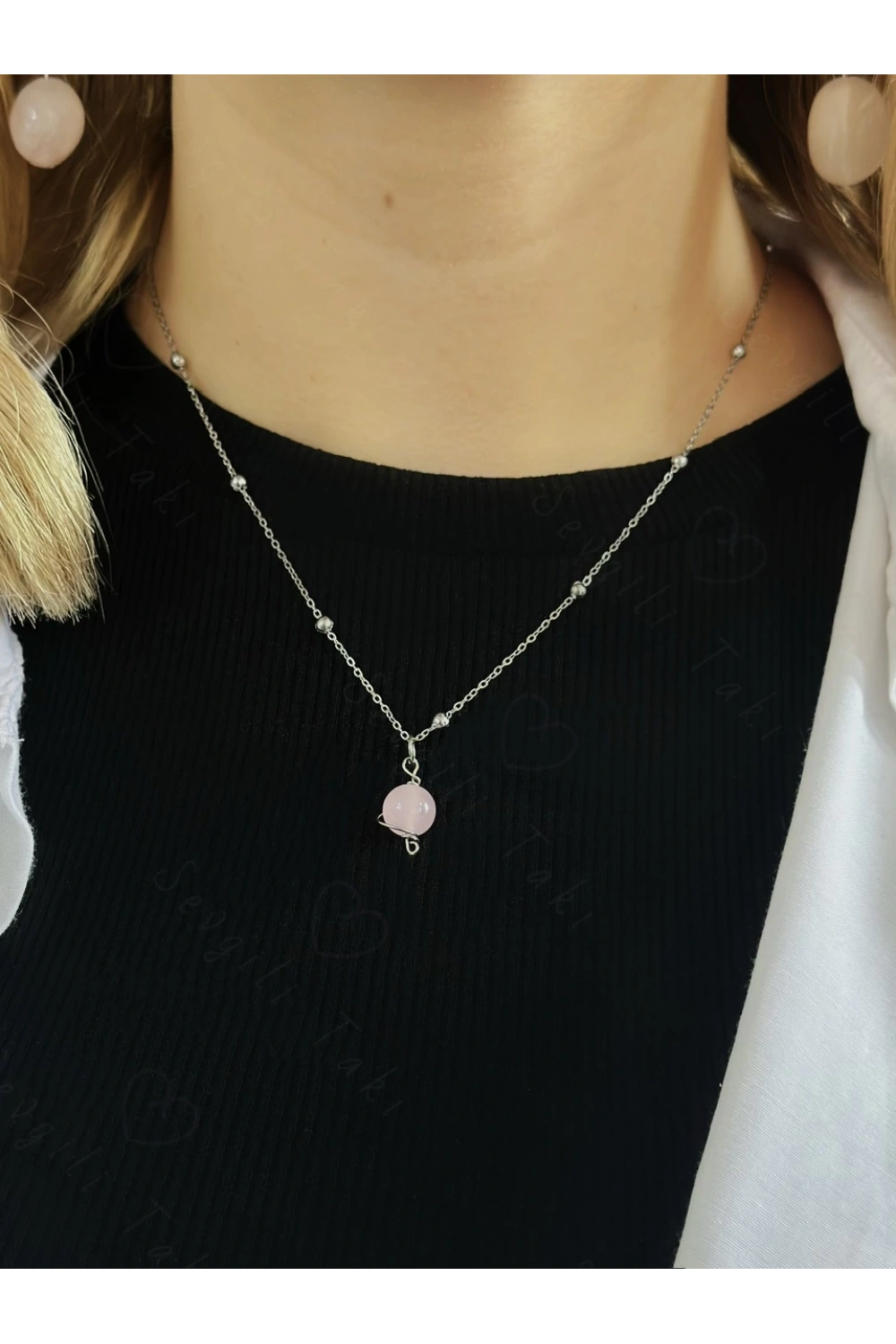 Pembe Kuvars Doğal Taşlı Çelik Kolye -Gezegen Serisi