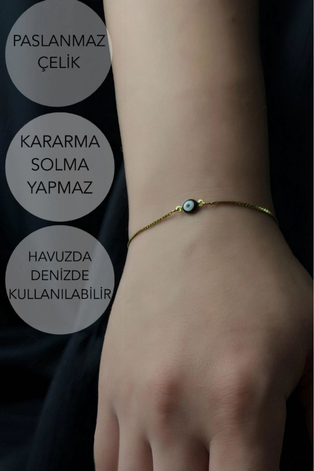 Siyah Nazarlıklı Ayarlanabilir Gold Çelik Bileklik -Sevgili Takı Koleksiyonu