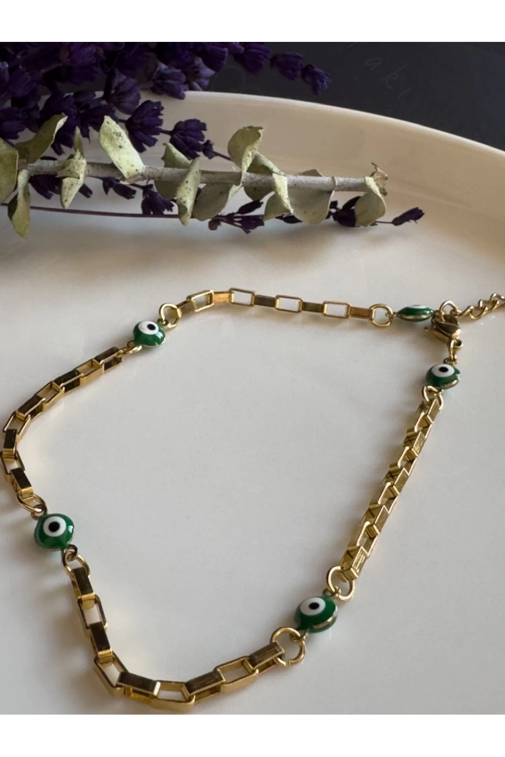 Yeşil Nazar Boncuklu Gold Çelik Halhal | Allure Serisi