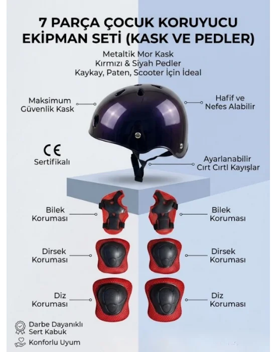 Paten Bisiklet Kaskı Kaykay Kırmızı Siyah Lacivert Pembe Kız Erkek Çocuk Kaskı, Dizlik Dirseklik Eldiven 3-8 Yaş