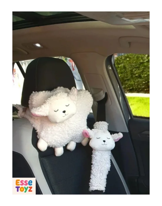 Tosbai Beyaz Kuzulu Peluş Araba Boyun Yastığı ve Emniyet Kemeri Kılıf Seti (1li Yastık + 1li Kılıf)