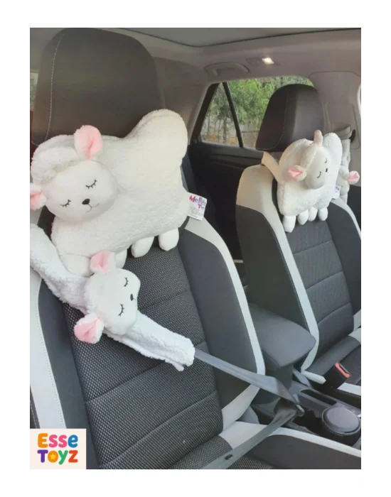 Tosbai Beyaz Kuzulu Peluş Araba Boyun Yastığı ve Emniyet Kemeri Kılıf Seti (1li Yastık + 1li Kılıf)