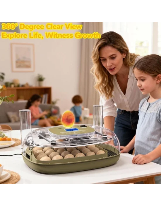 24 Yumurta Kapasiteli Kuluçka Makinesi, Otomatik Çevirme, Isı & Nem Kontrolü, 360° Görüş, Tavuk-Ördek-Bıldırcın-Kaz için