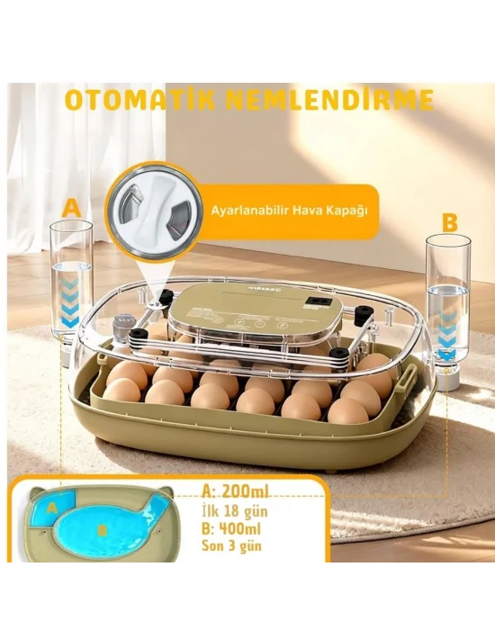 24 Yumurta Kapasiteli Kuluçka Makinesi, Otomatik Çevirme, Isı & Nem Kontrolü, 360° Görüş, Tavuk-Ördek-Bıldırcın-Kaz için