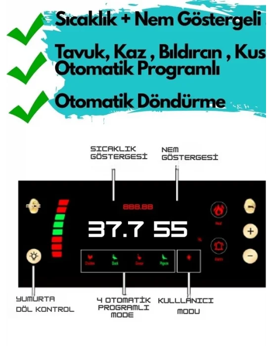 KAZ KULUCKA 5 Otomatik Programlı 130 Tavuk Yumurta Kapasiteli Tam Otomatik Kuluçka Makinesi