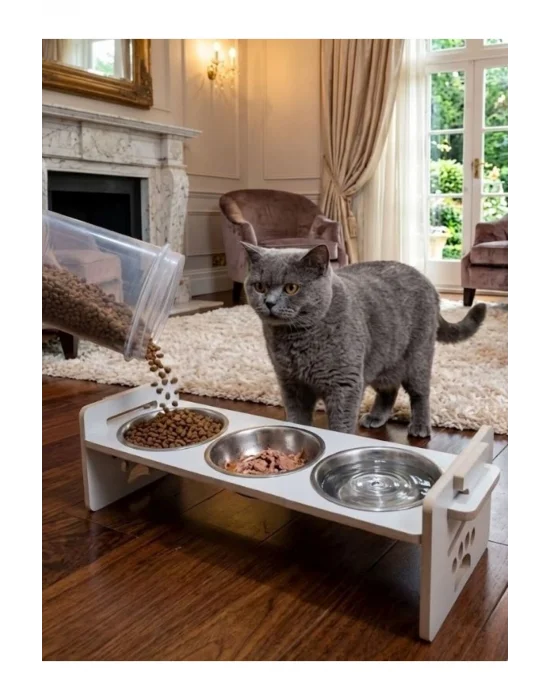 Kedi Köpek Mama Kabı 3 Gözlü Ayarlanabilir Ahşap & Paslanmaz Çelik Mama ve Su Kabı Yavru Köpek Kedi