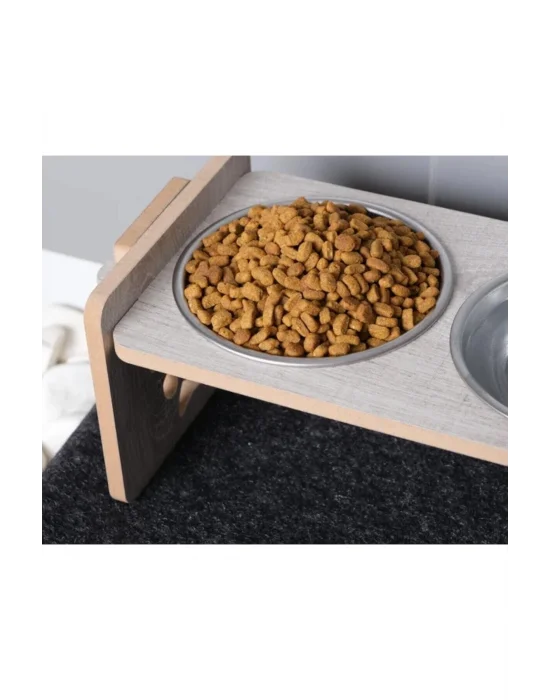 Kedi Köpek Mama Kabı 3 Gözlü Ayarlanabilir Ahşap & Paslanmaz Çelik Mama ve Su Kabı Yavru Köpek Kedi