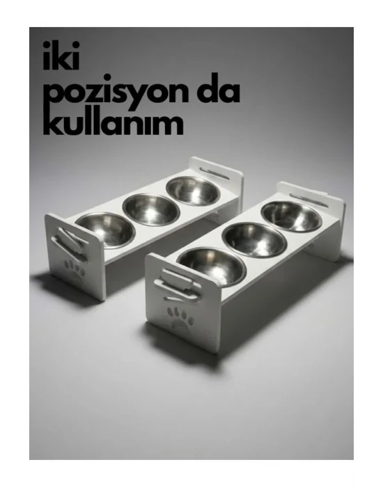 Kedi Köpek Mama Kabı 3 Gözlü Ayarlanabilir Ahşap & Paslanmaz Çelik Mama ve Su Kabı Yavru Köpek Kedi