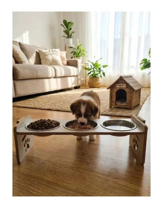 Kedi Köpek Mama Kabı 3 Gözlü Ayarlanabilir Ahşap & Paslanmaz Çelik Mama ve Su Kabı Yavru Köpek Kedi