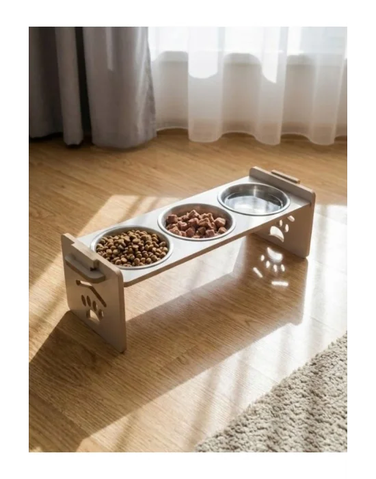 Kedi Köpek Mama Kabı 3 Gözlü Ayarlanabilir Ahşap & Paslanmaz Çelik Mama ve Su Kabı Yavru Köpek Kedi