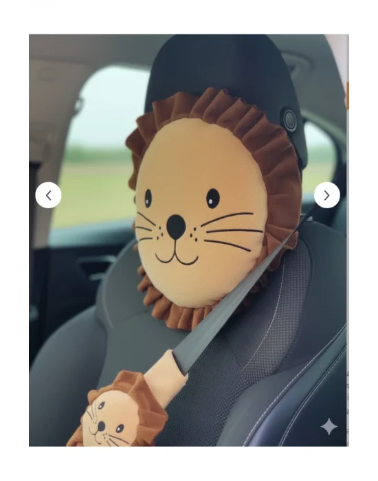 Şampiyon Aslan Araba Süsü Boyun Yastığı Ve Emniyet Kemeri Aksesuarı Peluş Kılıf Seti(1 YASTIK VE 1 KILIF)