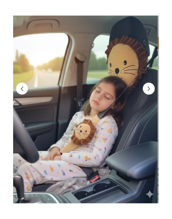 Şampiyon Aslan Araba Süsü Boyun Yastığı Ve Emniyet Kemeri Aksesuarı Peluş Kılıf Seti(1 YASTIK VE 1 KILIF)