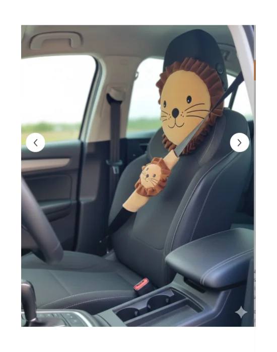 Şampiyon Aslan Araba Süsü Boyun Yastığı Ve Emniyet Kemeri Aksesuarı Peluş Kılıf Seti(1 YASTIK VE 1 KILIF)