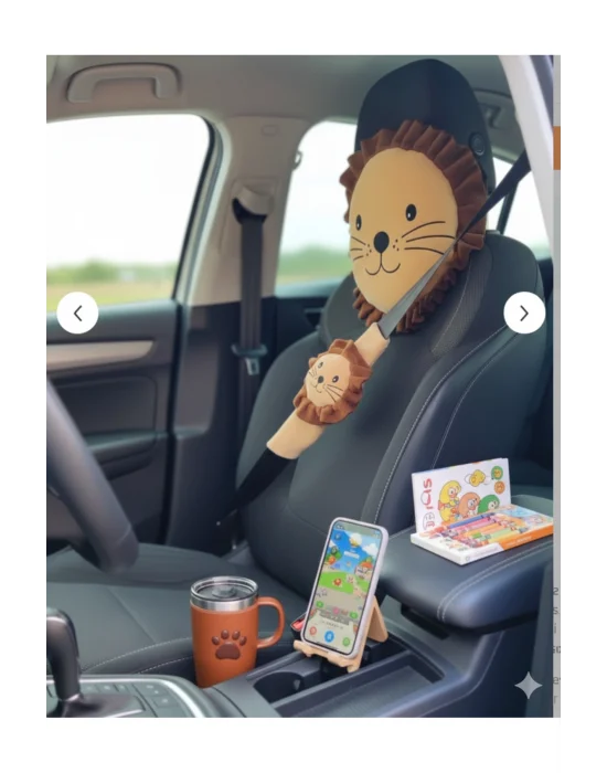 Şampiyon Aslan Araba Süsü Boyun Yastığı Ve Emniyet Kemeri Aksesuarı Peluş Kılıf Seti(1 YASTIK VE 1 KILIF)