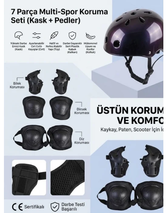 tosbai Bisiklet Kaykay Paten Siyah Kız Erkek Çocuk Kaskı, Dizlik Dirseklik Eldiven 3-8 Yaş