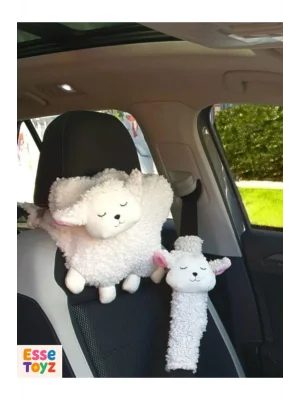 Beyaz Kuzulu Peluş Araba Boyun Yastığı ve Emniyet Kemeri Kılıf Seti (1li Yastık + 1li Kılıf)