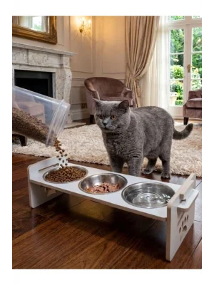 Kedi Köpek Mama Kabı 3 Gözlü Ayarlanabilir Ahşap & Paslanmaz Çelik Mama ve Su Kabı Yavru Köpek Kedi