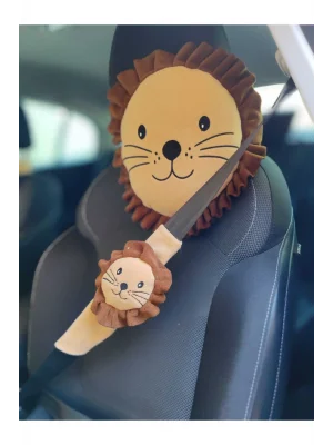 Şampiyon Aslan Araba Süsü Boyun Yastığı Ve Emniyet Kemeri Aksesuarı Peluş Kılıf Seti(1 YASTIK VE 1 KILIF)
