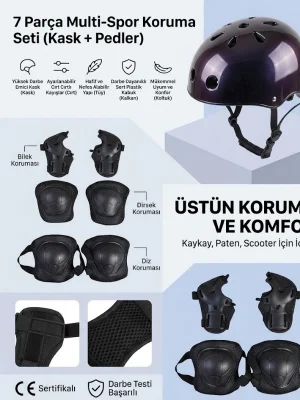 tosbai Bisiklet Kaykay Paten Siyah Kız Erkek Çocuk Kaskı, Dizlik Dirseklik Eldiven 3-8 Yaş