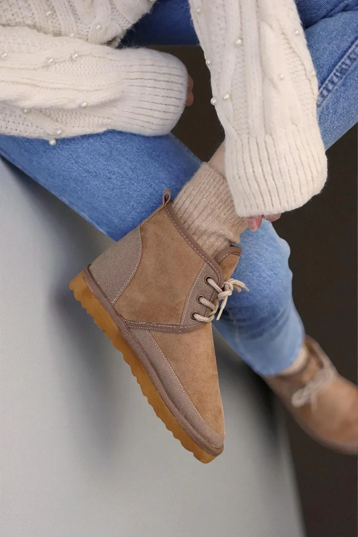 Bağcıklı Kışlık Süet İçi Kürklü Kadın Bot - Vizon