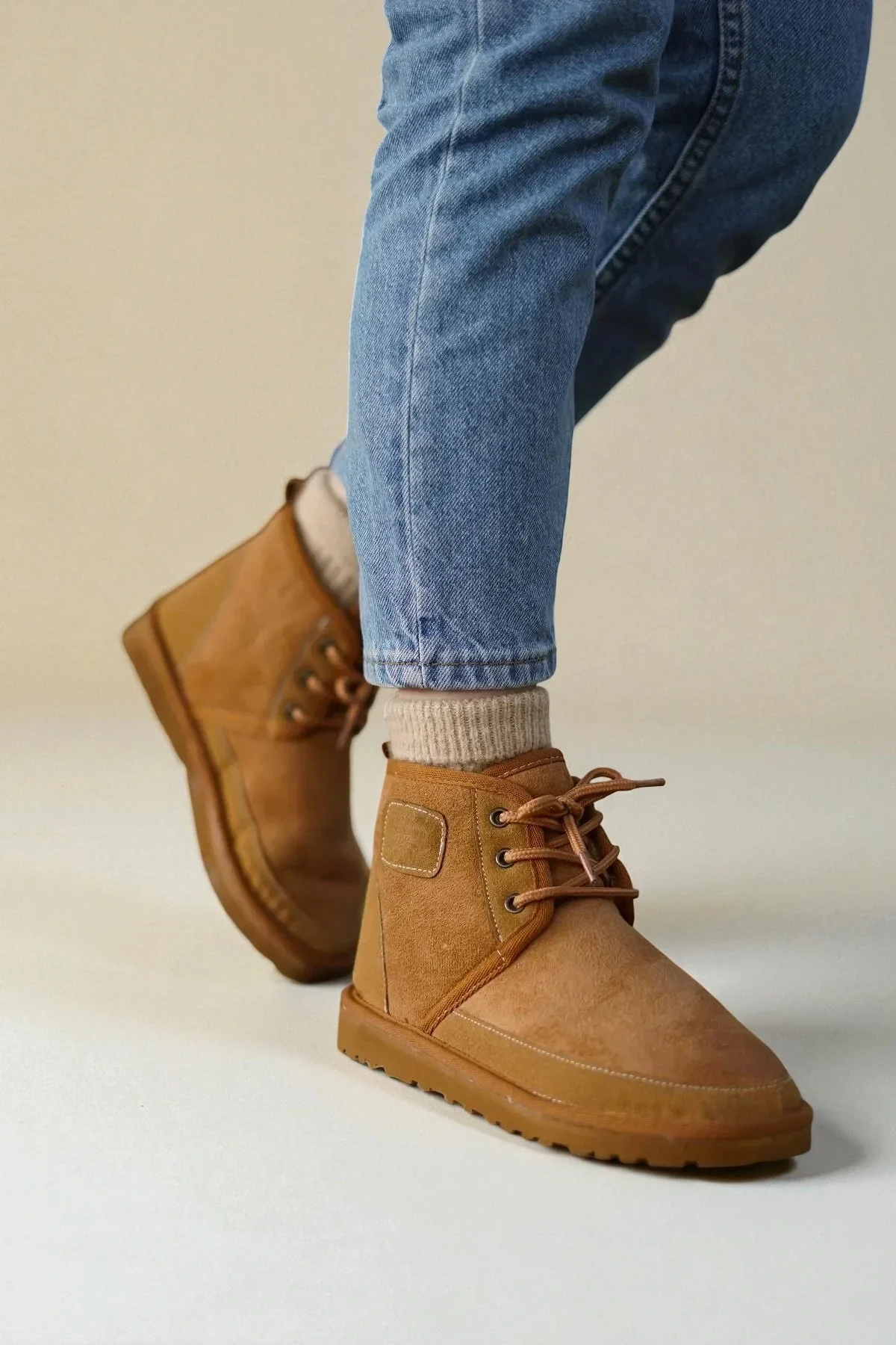 Bağcıklı Kışlık Süet İçi Kürklü Kadın Bot - Taba