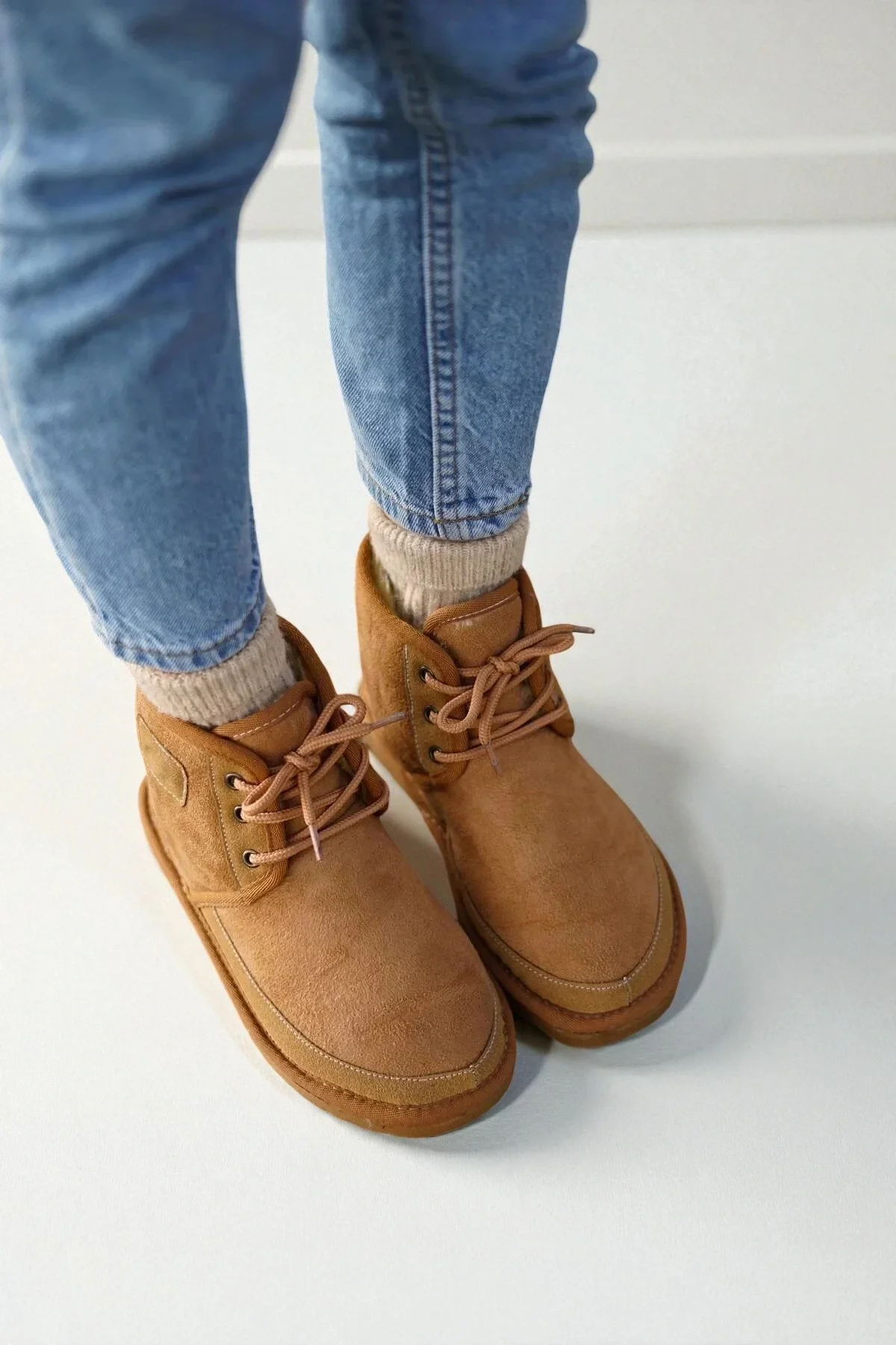 Bağcıklı Kışlık Süet İçi Kürklü Kadın Bot - Taba