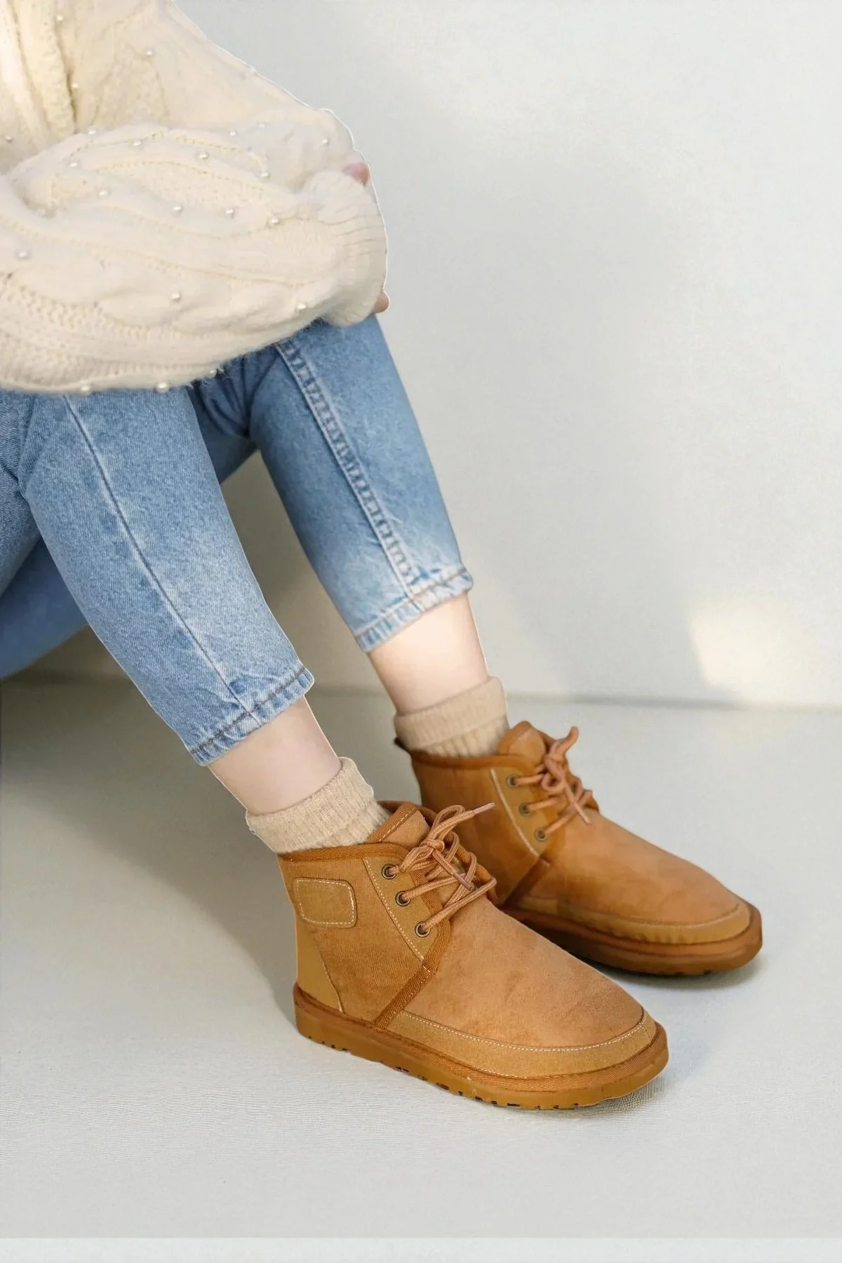 Bağcıklı Kışlık Süet İçi Kürklü Kadın Bot - Taba