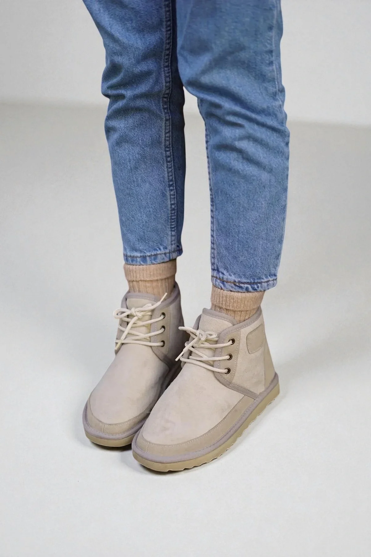 Bağcıklı Kışlık Süet İçi Kürklü Kadın Bot - Bej