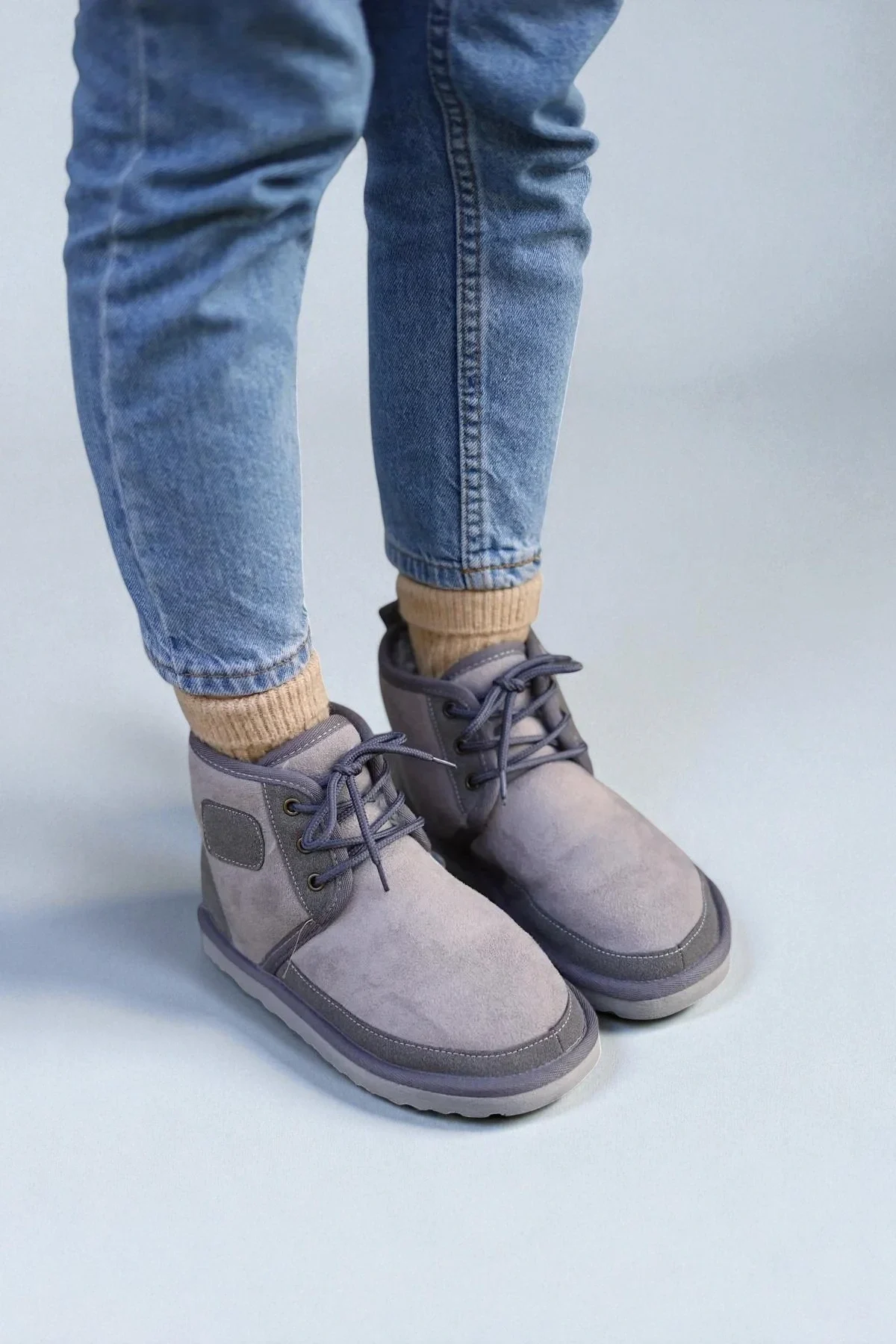 Bağcıklı Kışlık Süet İçi Kürklü Kadın Bot - Gri