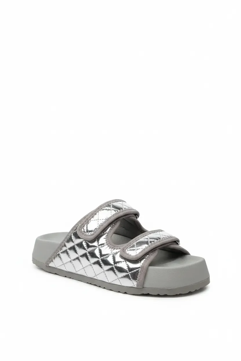 Kapitone Cırtlı Ev Dış Mekan Kadın Terlik – Parlak Gri