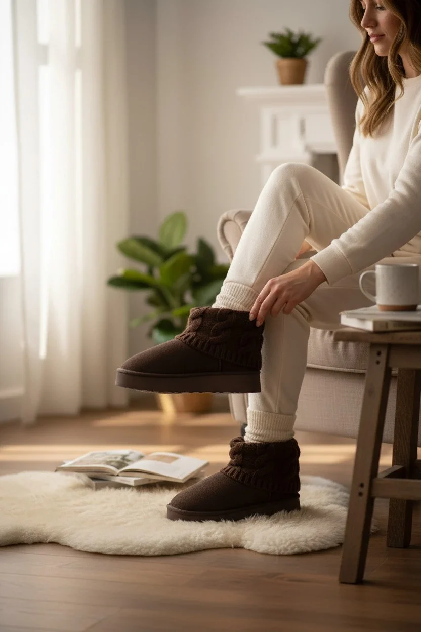 Kazaklı Süet Kalın Taban Kışlık İçi Kürklü Kadın Bot - Kahve