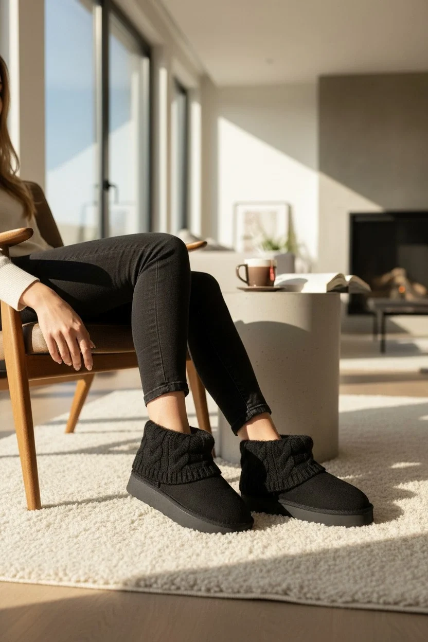 Kazaklı Süet Kalın Taban Kışlık İçi Kürklü Kadın Bot - Siyah