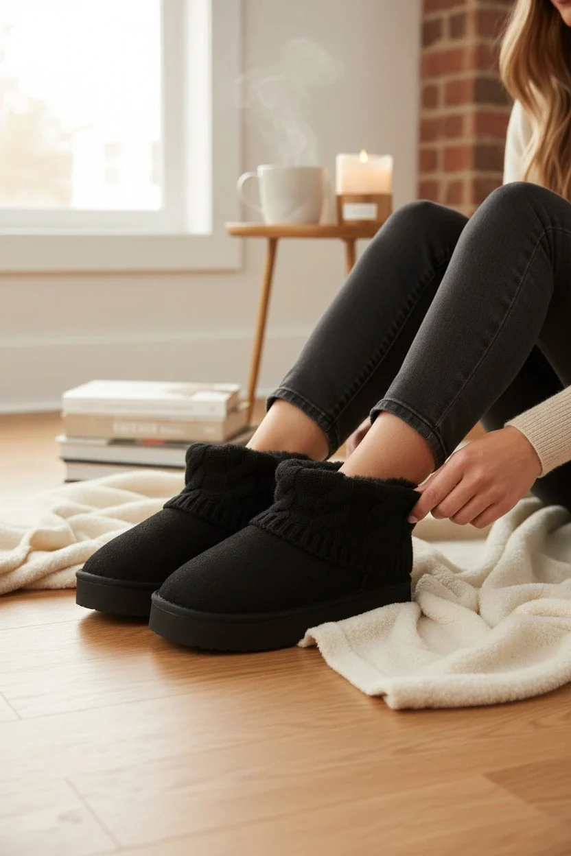 Kazaklı Süet Kalın Taban Kışlık İçi Kürklü Kadın Bot - Siyah