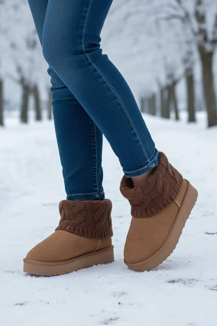 Kazaklı Süet Kalın Taban Kışlık İçi Kürklü Kadın Bot - Taba