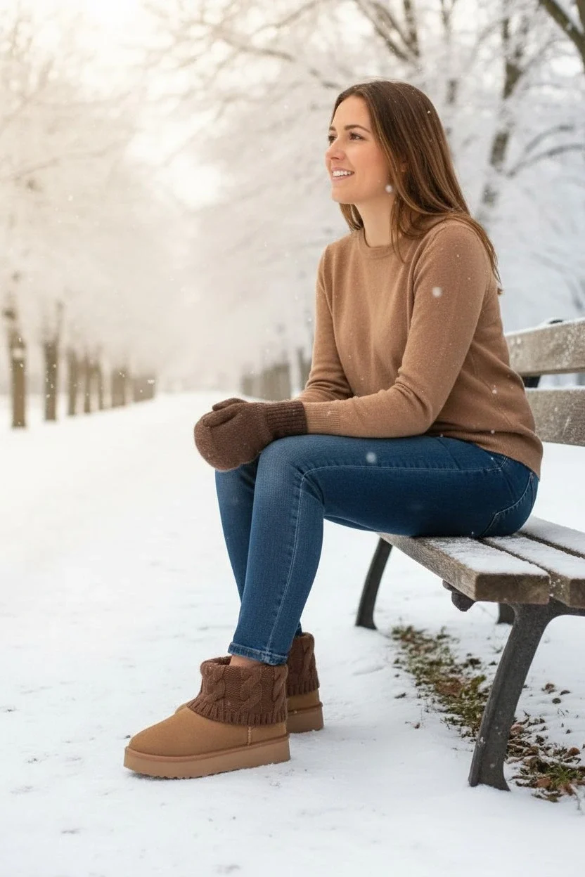 Kazaklı Süet Kalın Taban Kışlık İçi Kürklü Kadın Bot - Taba