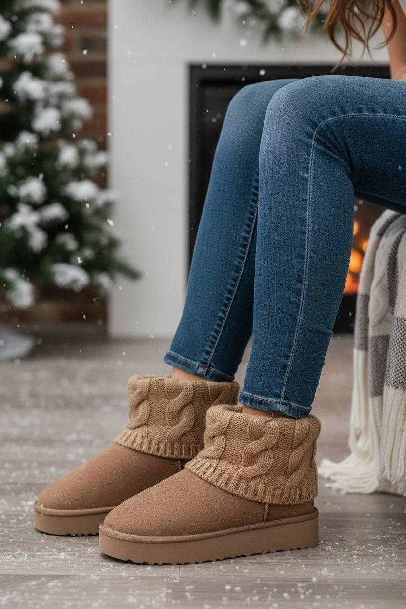 Kazaklı Süet Kalın Taban Kışlık İçi Kürklü Kadın Bot - Vizon