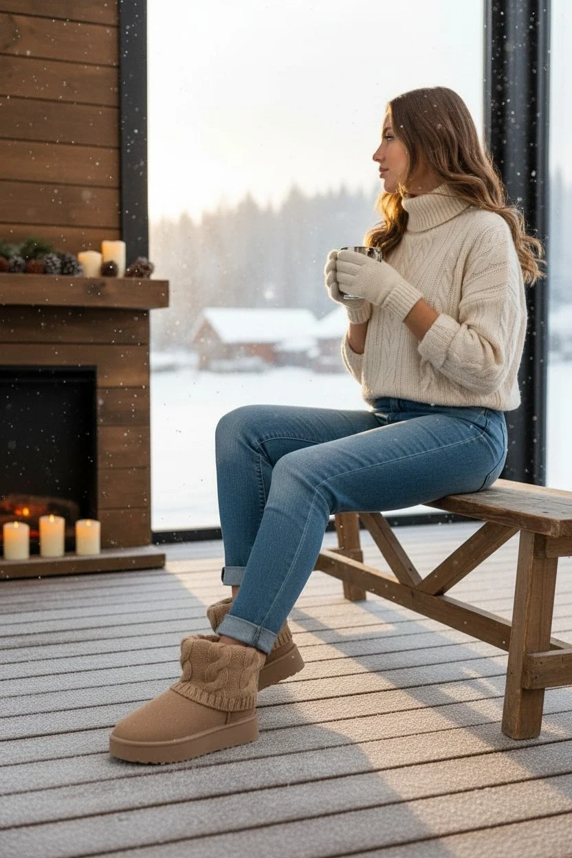 Kazaklı Süet Kalın Taban Kışlık İçi Kürklü Kadın Bot - Vizon