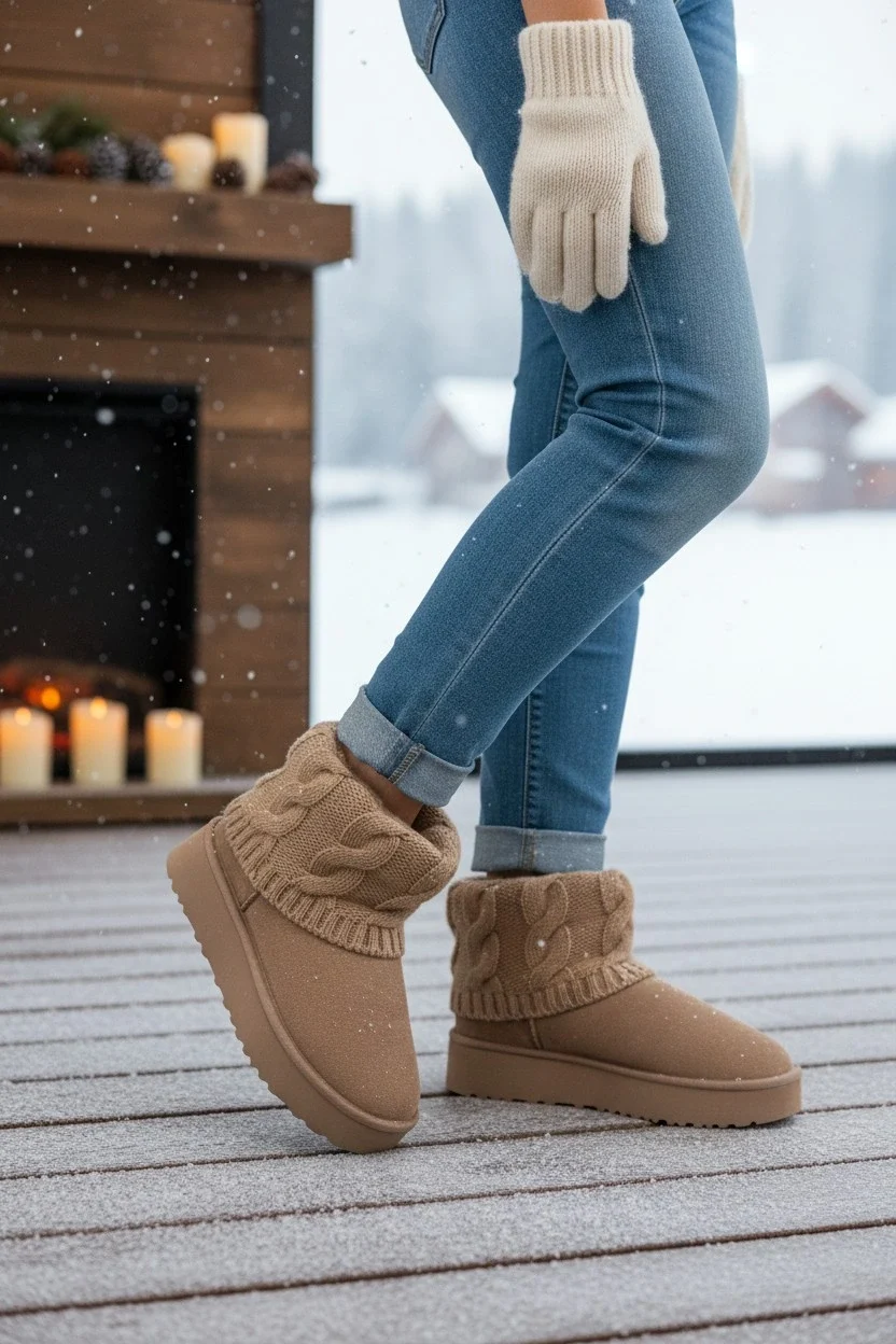 Kazaklı Süet Kalın Taban Kışlık İçi Kürklü Kadın Bot - Vizon