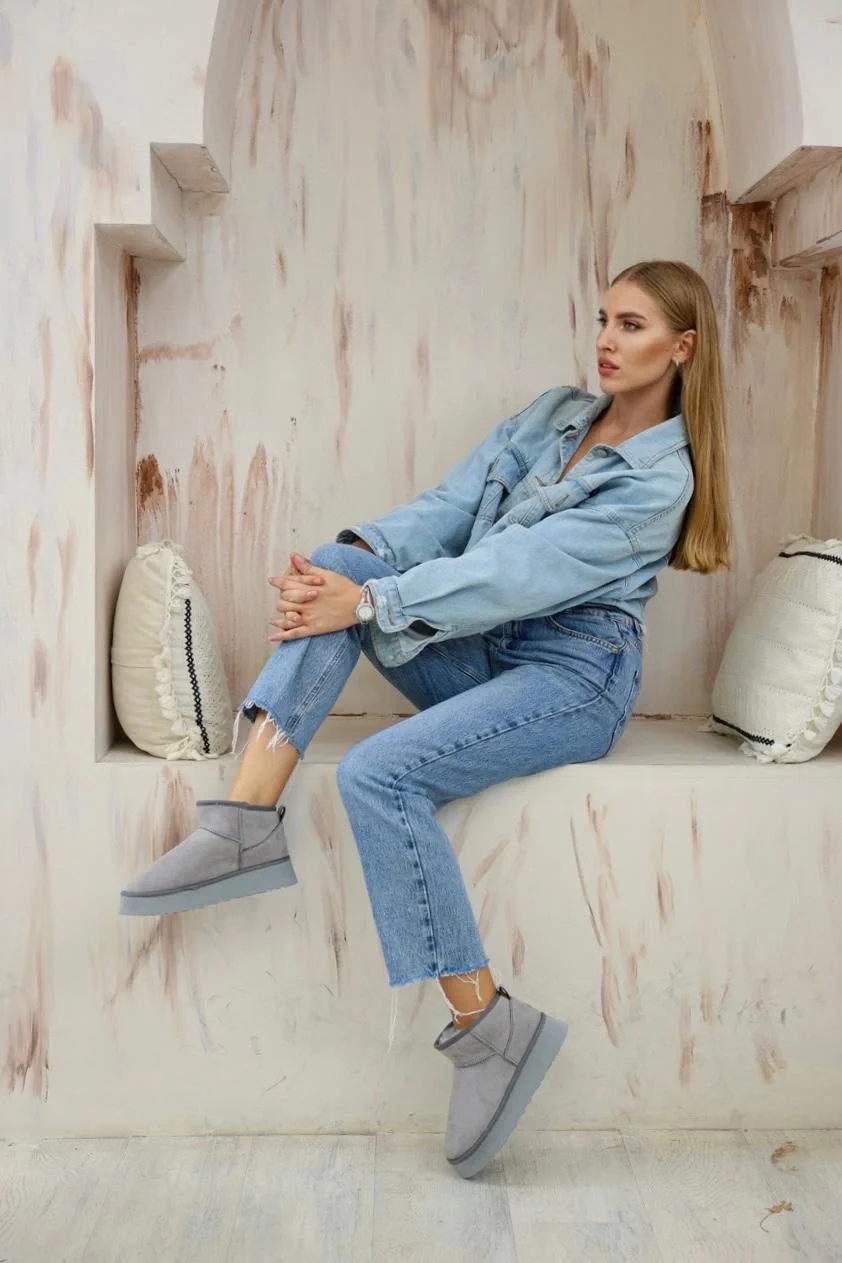 Yüksek Mini Classic Süet Tüylü Kadın Bot - Gri